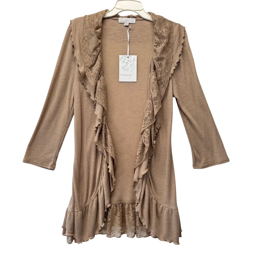 CAROLYN TAYLOR Open Knit Cardigan w/Lace Ruffle Women's Sz M Creamed Coffee NWT